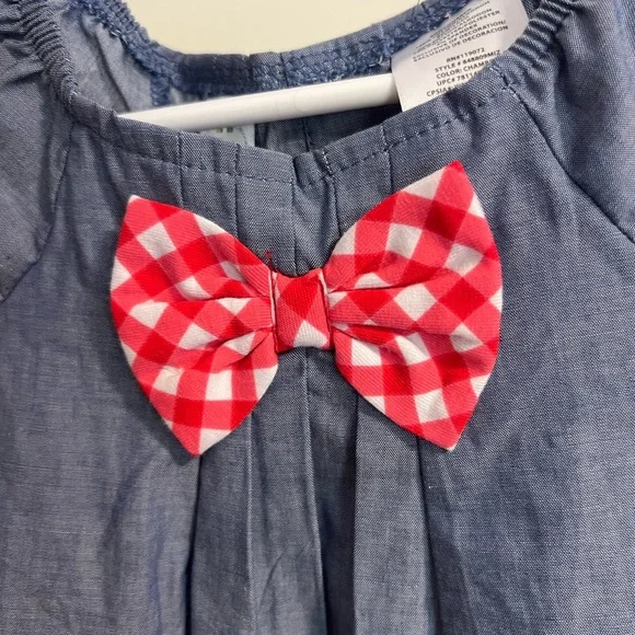 Disney Baby Blue Red Chambray Bow Floral Minnie Mouse Scalloped Dress 6-9 Months - Picture 2 of 6